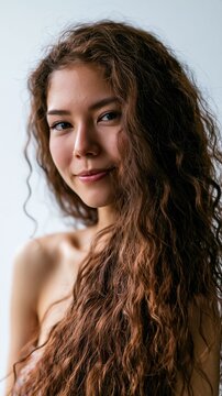 Asian woman with curly hair, soft lighting, and natural expression, highlighting skin glow and hair texture in a clean white background.