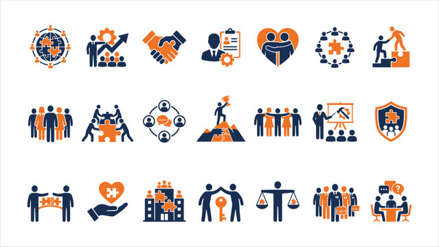 Collection of business and teamwork icons in flat style featuring orange and blue tones collaboration