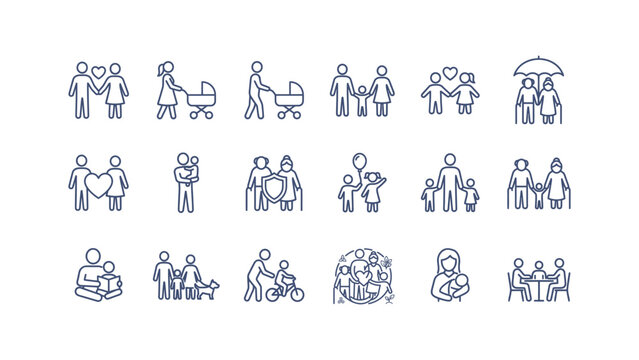 Family themed Line Icons Depicting Various Relationships And Activities On A White Background icon pictogram