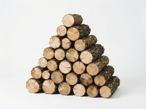 A stack of round cut wooden logs piled up into a triangle shape for firewood and natural construction material purposes