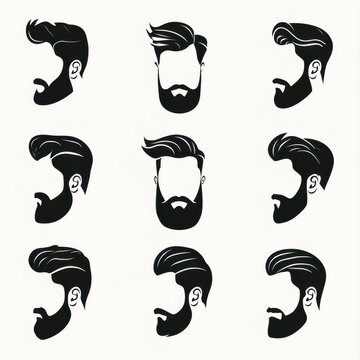 mens hairstyle and beard styles set silhouette vector icons barber shop haircut silhouettes various male hair models hipster beard graphic design collection for hair salon logo emblem set