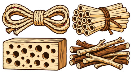 Set of rope bundle sticks wooden tubes and porous block © Mark