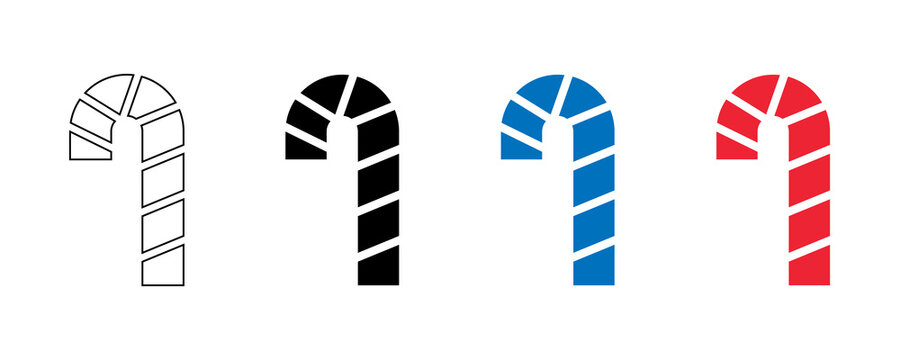 Four different candy cane icons on transparent background, outline, filled, blue, and red colored, representing sweet treats.