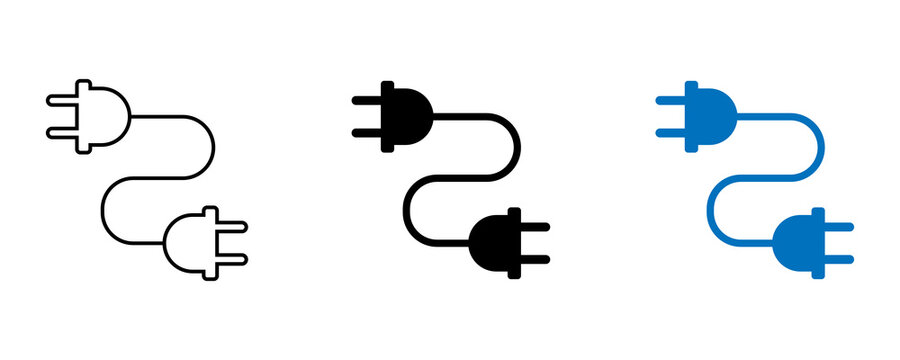 Double electric power plug with coiled cable icon set in black and blue colors for electrical connection and energy supply themes.