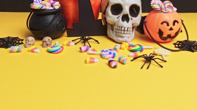 Halloween celebration with spooky candies and decorations