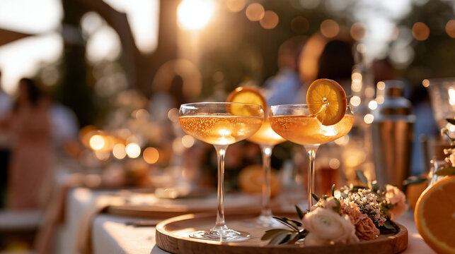 Elegant outdoor wedding reception featuring a bright cocktail bar with orange spritz cocktails adorned with fresh floral decorations clean sunny styling outdoor wedding