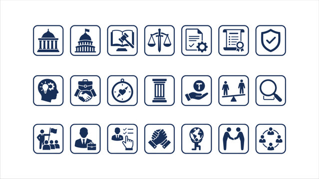 Legal And Business Flat Icons Set Featuring Scales Of Justice And Handshake Symbols law court