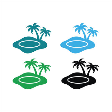 Tropical island silhouettes with palm trees in varying shades of blue green and black silhouette