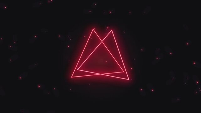 Abstract neon red glowing overlapping triangles motion graphics clip on dark particle background.