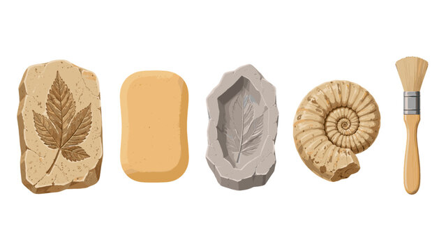 Archaeology excavation tools with fossils and rock imprints set