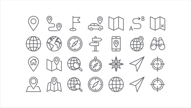 Collection Of Line Icons Representing Navigation Travel And Location Services On White icon pin map