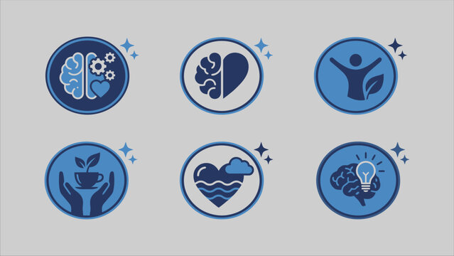 Mental health themed icons featuring brain heart and growth imagery in a flat two tone style