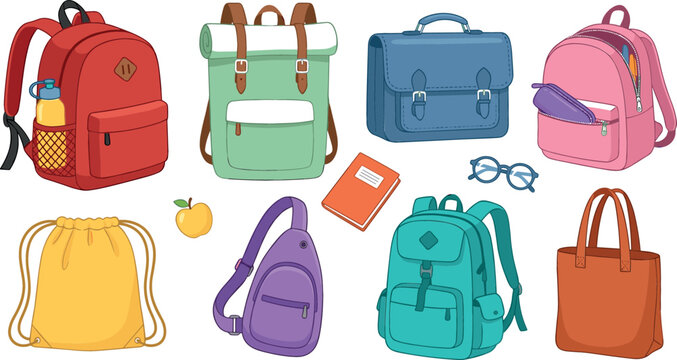 School backpack and bag vector collection featuring colorful rucksacks, canvas satchel, drawstring pouch, leather tote, sling bag, and student stationery isolated on white background.