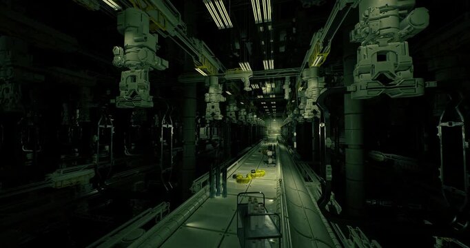dim service corridor lined with pipes and conduits, leaking joints, scattered tools, damp floor reflections, low green lighting, maintenance crew scenario