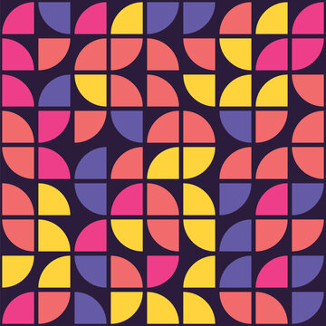 Abstract geometric pattern with colorful semi circles arranged in grid on dark backdrop vector design for modern interior decor.