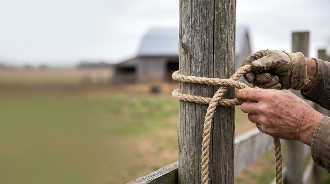 Hands tying a rope knot to a wooden fence post on a rural farm landscape background