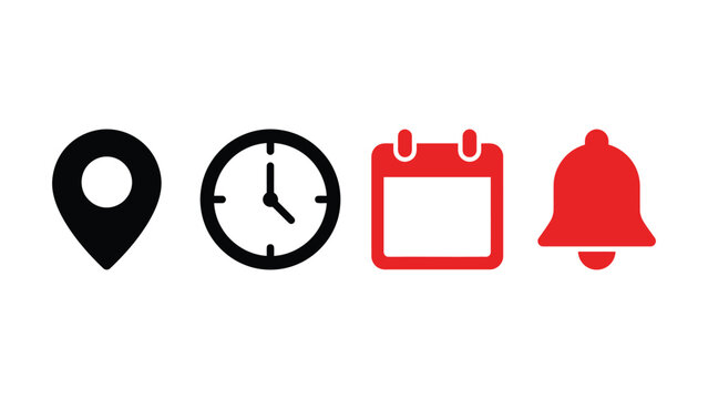 Location clock calendar and notification flat icons on a white background simple vector graphics icon