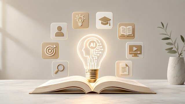 Bright modern 3D educational concept with open book glowing lightbulb artificial intelligence brain and floating learning icons on marble desk