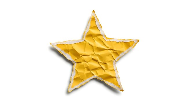 A single yellow star shape cut out from crumpled paper isolated on a plain white background