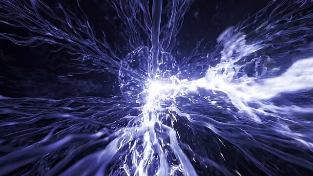 Electric blue neural pathways converge into a glowing brain shape, illustrating the flow of energy and thought in a dark, abstract digital environment