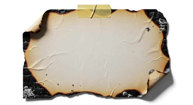 A piece of old vintage paper with burnt edges hanging by a wooden clothespin on a white background