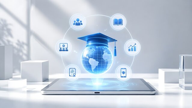 Tablet displaying glowing blue globe with graduation cap and virtual education icons representing global online learning and smart digital education technology