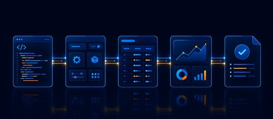 Fototapeta premium Glowing blue digital workflow panels representing software development lifecycle automated data pipeline and system integration