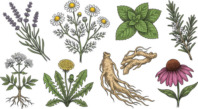 Medicinal Herbs and Healing Plants Vector Element Set with Lavender, Chamomile, Mint, Rosemary, Ginseng Root, Echinacea, and Dandelion for Wellness Designs
