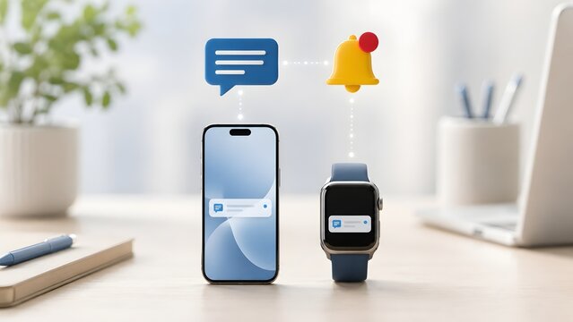 Smartphone and smartwatch syncing mobile notifications with 3d chat bubble and bell icons on wooden office desk