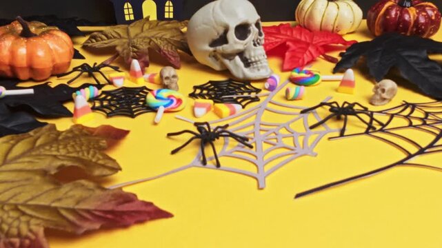 Halloween decorations with skulls and candy corn