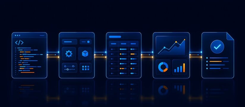 Glowing blue digital workflow panels representing software development lifecycle automated data pipeline and system integration