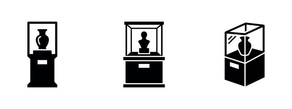 Museum display case icons showcasing antique artifacts in exhibition
