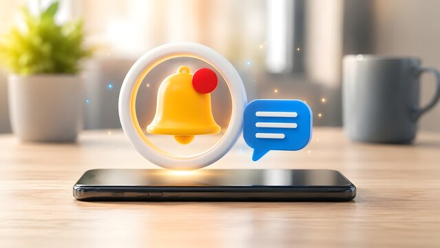 Smartphone on wooden desk with prominent 3d yellow notification bell and blue chat bubble representing mobile messaging alerts