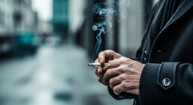 Close-up of a person's hands holding a lit cigarette with smoke rising, set against a blurred urban background, symbolizing contemplation or a pause in city life
