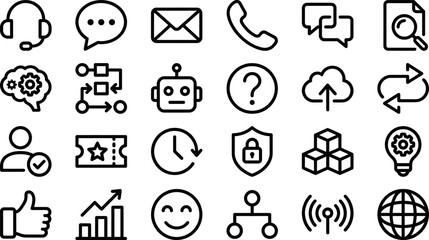 Fototapeta premium Business line icons set in editable vector style. Communication, technology, security, feedback, productivity, workflow icons collection. Editable stroke. Vector.