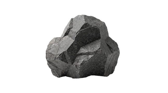 A single piece of dark grey raw magnetite mineral isolated on a solid black background