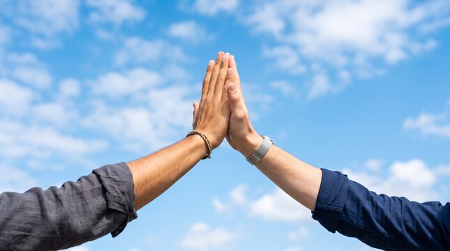 Two People Giving a High Five Outdoors