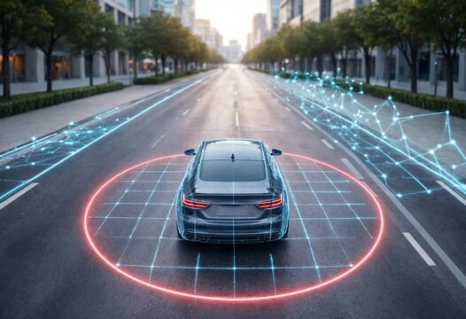 Autonomous vehicle driving through smart city with AI wireframe mapping, sensor visualization, connected mobility, lidar navigation, intelligent transportation, future automotive technology concept.