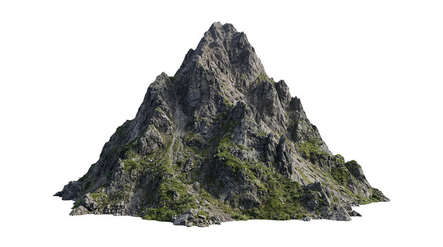 A single rocky mountain peak with green vegetation isolated on a solid black background for composite design
