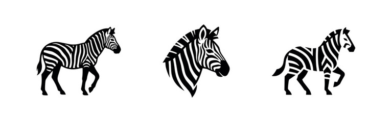 Obraz premium Zebra icon set. Striped African horse-like animal in full body and head view, black and white illustration.