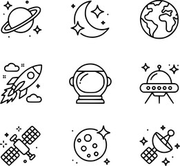 Fototapeta premium Collection of space and astronomy planet, moon, earth, rocket, astronaut helmet, ufo, satellite