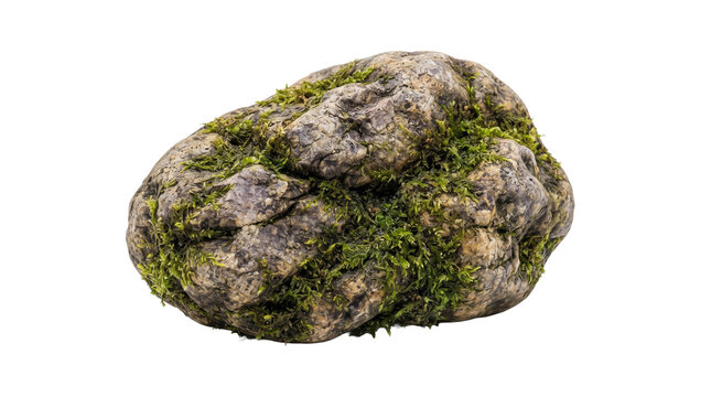 A single textured natural river stone covered in green moss isolated on a plain black background