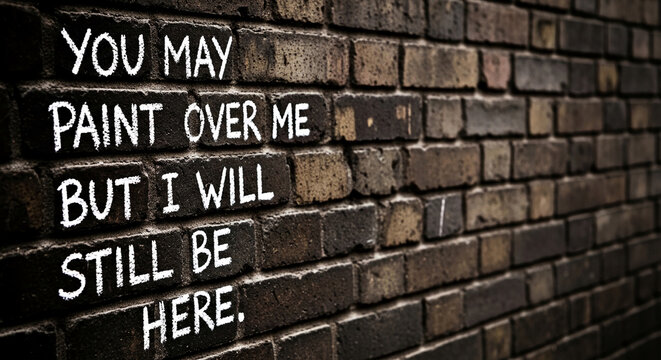 Chalk text on a dark brick wall reads "You may paint over me but I will still be here," symbolizing resilience and enduring presence, perfect for motivational themes