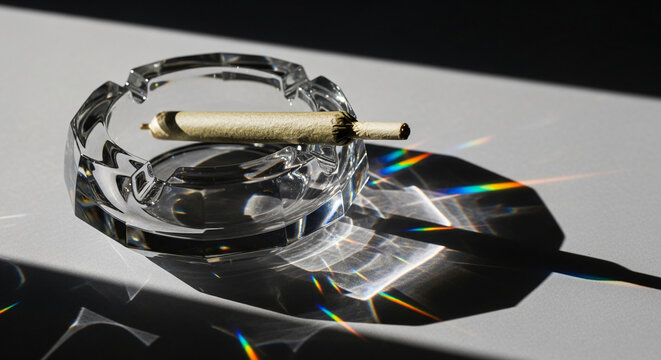 A crystal ashtray holds a rolled cigarette, illuminated by light creating rainbow refractions, symbolizing relaxation and indulgence.
