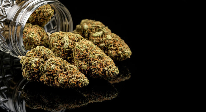 Dried cannabis buds spilling from a glass jar on a reflective black surface, symbolizing natural products and medicine