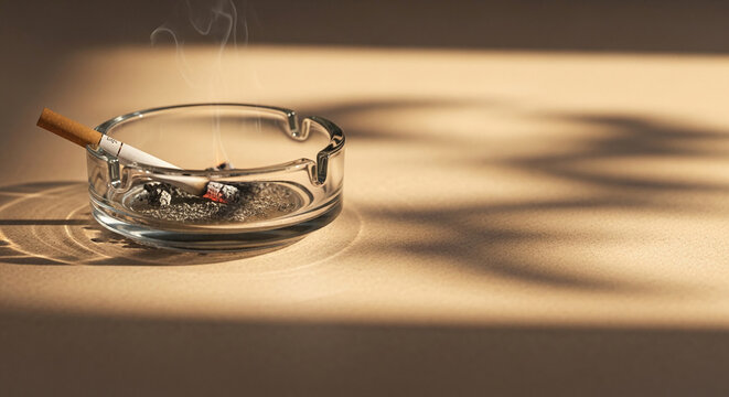 Glass ashtray with lit cigarette and rising smoke, casting shadows, symbolizing habit, reflection, or pause