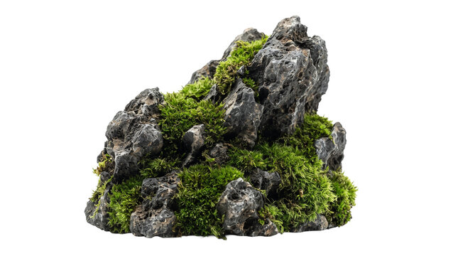 Single textured grey rock covered in vibrant green moss isolated on a plain black background