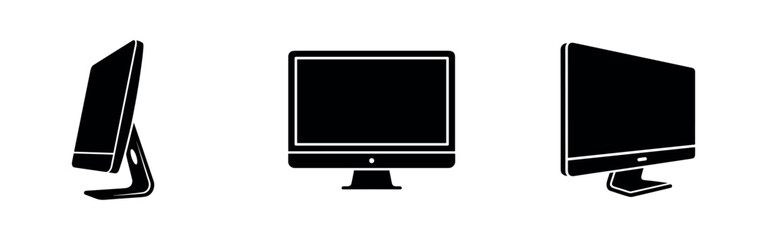 Fototapeta premium Computer monitor icon set. Desktop screen from different angles, black silhouette illustration.
