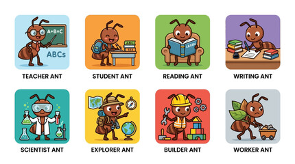 Fototapeta premium Vibrant cartoon ant characters representing unique professional and educational roles like teacher, student, and scientist, perfect for engaging children's visuals
