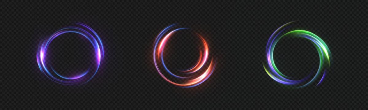 Multicolored glowing circular rings isolated on a transparent dark background. Vector effects for creating energetic, magical, and abstract designs.